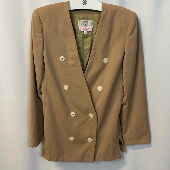 Valentino Miss V Sand VTG Vintage Double Breast Deep V Shoulder Pads Blazer 6 - Picture 1 of 6